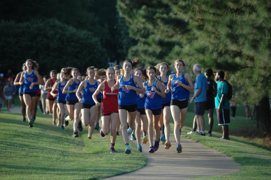 Senior Erin Spreen leads the pack on senior night in the fall cross country sports season. Later that spring track season, Spreen would set the school record in the 1600m run. 