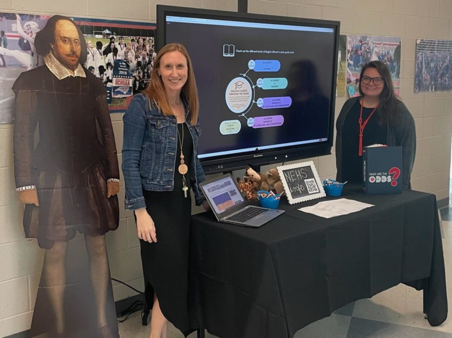 Sarah Freeman, right, and Rachel Tunstall, left, meet with students and peers on Curriculum Night Feb. 9. Freeman is the 2022-23 WF High Teacher of the Year. 